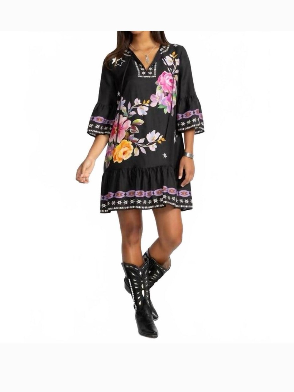 Johnny Was Hailee Black Floral V-Neck Mini Dress